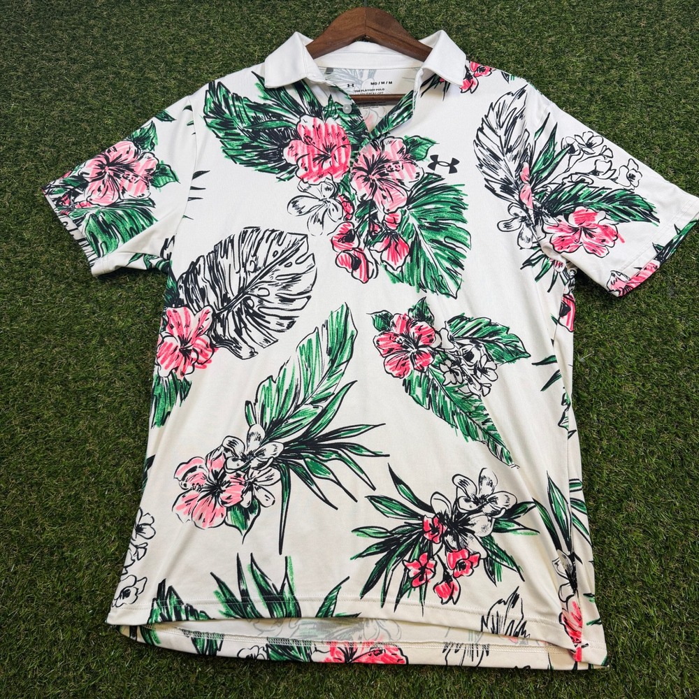 Under Armour Playoff Polo Mens Medium White Tropical Floral Golf Shirt Pink